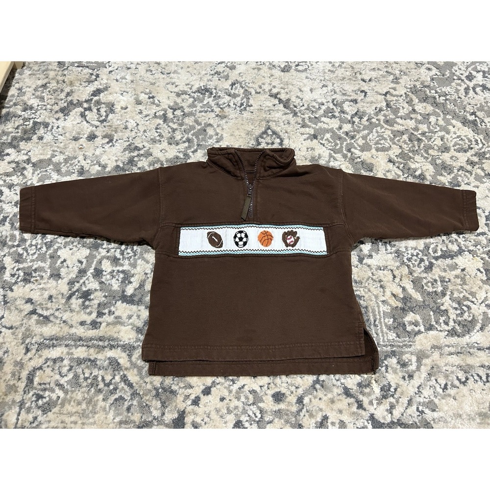 Brown Kelly's Kids Boys Smocked Sports Balls Quarter Zip Sweatshirt Size 2